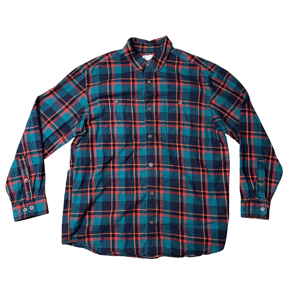 Duluth Trading Co Mens Teal Navy Orange Plaid Flannel Button Down Shirt XL